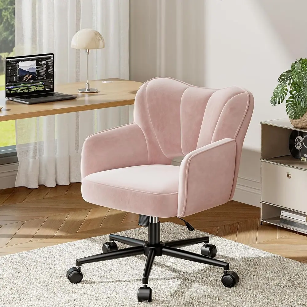 Adjustable Height Pink Desk Chair with Wheels and Back for Makeup, Work, and Relaxation
