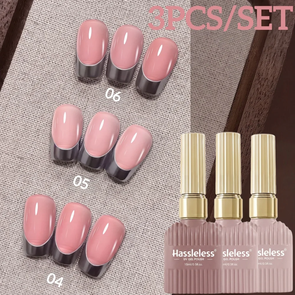 Hassleless Gentle Skin Tone Nail Polish Gel Set, Natural Transparent Nude Nail Polish Gel, High Gloss Easy-To-Apply, Shiny Nude Pink Nail Polish Gel, Popular Basic Nail Color Series for Nail Art Beginners