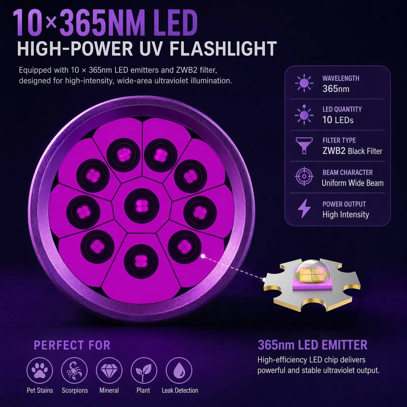 Alonefire 200W 365nm Hochleistungs-LED UV-Schwarzlicht-Taschenlampe, wiederaufladbar, zum Aushärten von Tierurin, zur Erkennung von Tinea, Erzen, Geld und Skorpione – Detail 3