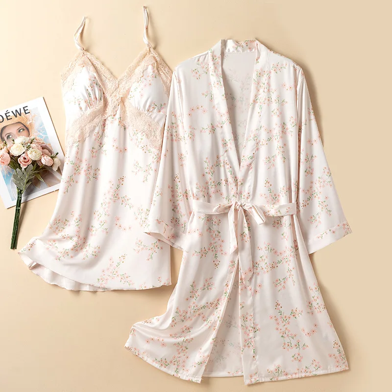 

Sexy Twinset Robe Set Women Sleepwear Nightgown Suit Lace Nightdress Silky Satin Kimono Bathrobe Gown Female Lounge Wear