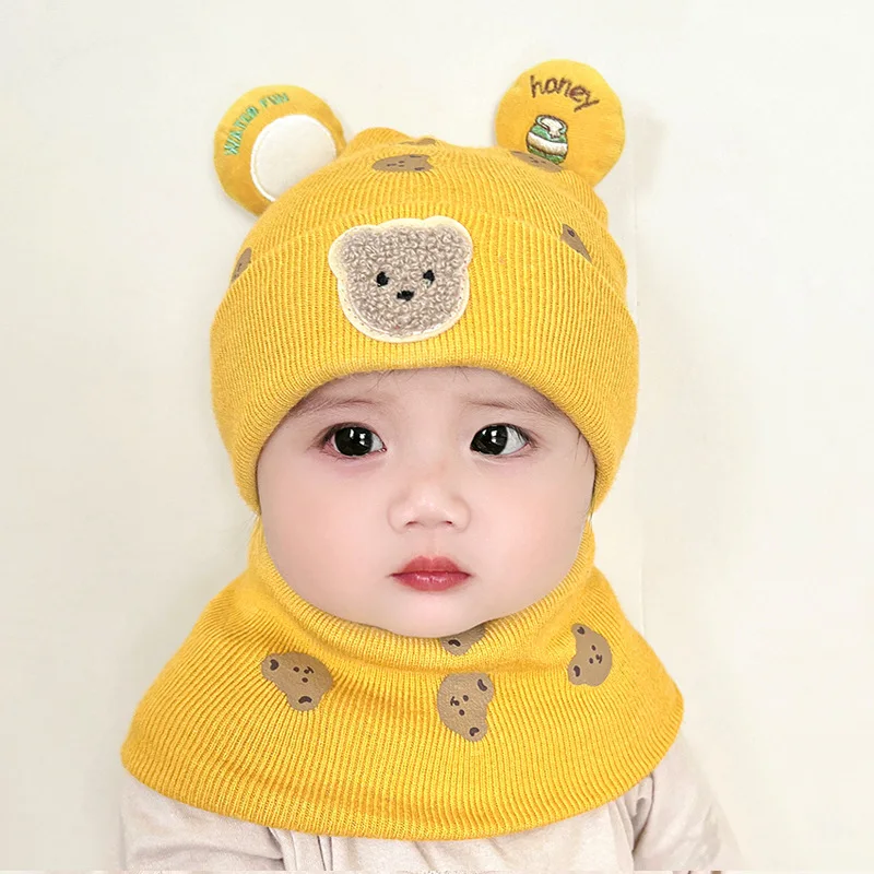 1Set Baby Hat Scarf Set Bear Warm Knitted Children Winter Hat Cap Bonnet Infant Toddler Kids Hat Boys Girls Crochet Beanie