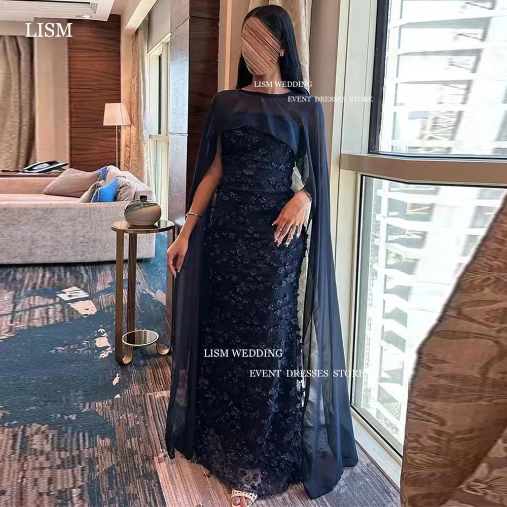 

LISM Saudi Arabic Women Mermaid Evening Dresses Navy Blue Tulle Long Cape Sleeves Floor Length Formal Occasion Dress Custom