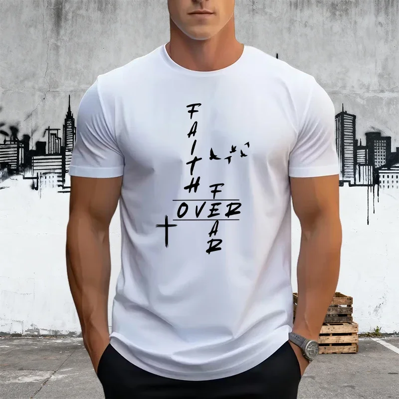 2026 Hot Sale Men's Cotton T-shirt Summer Daily Casual Fashion Short Sleeve Top Faith Over Fear Print Tees Urban Fashion Tshirts