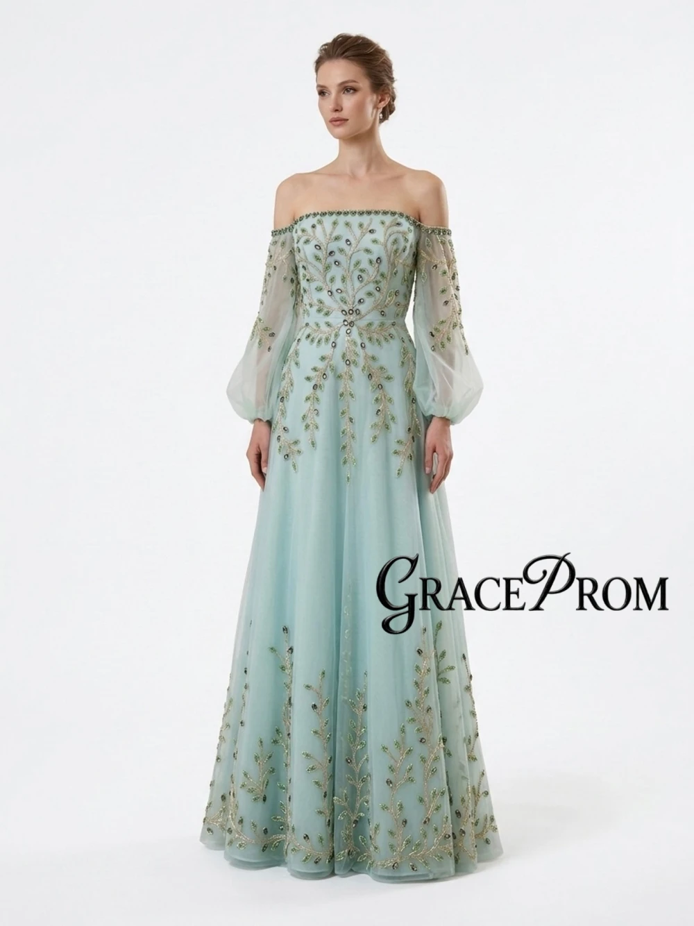 

2026 Mint Green Off Shoulder Evening Dress Long Sheer Elegant Beaded Embroidery A-Line Customized Exquisite Mother Of Prom Gown