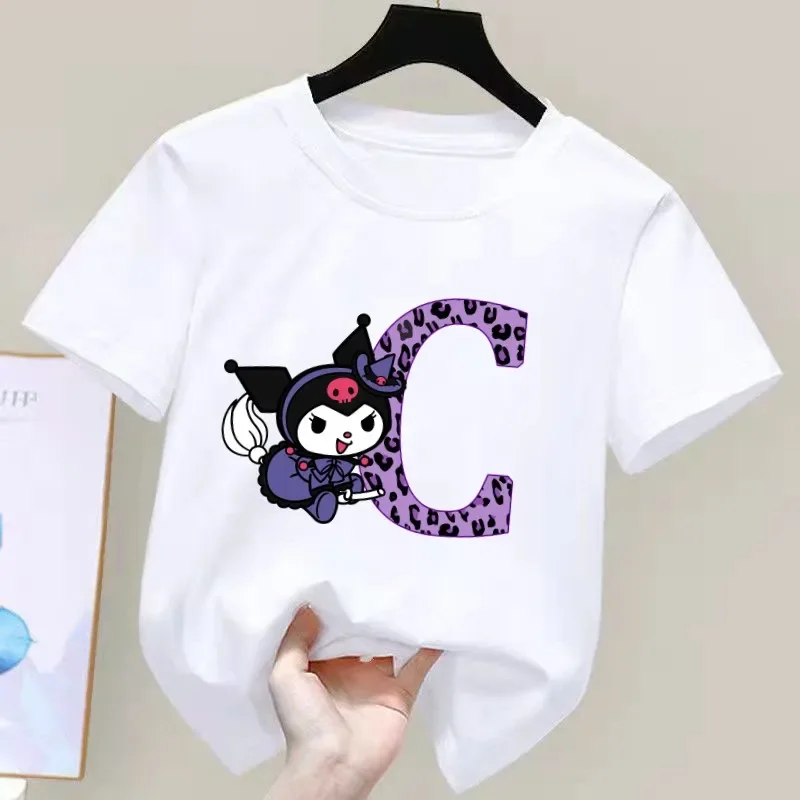 New Kuromi Anime Letter AZ Childrens Short sleeve New Sanrio Summer T-shirt Clothes Girl Heart Soft Clothes Kawaii Birthday Gift