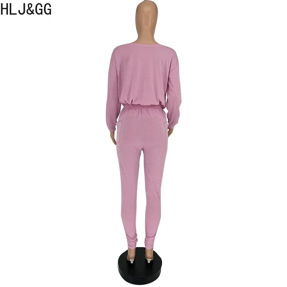 HLJ&GG Autumn Casual One Shoulder Long Sleeve Top And Jogger Pants Two Piece Sets Women Solid Color Matching Sporty 2pcs Outfits