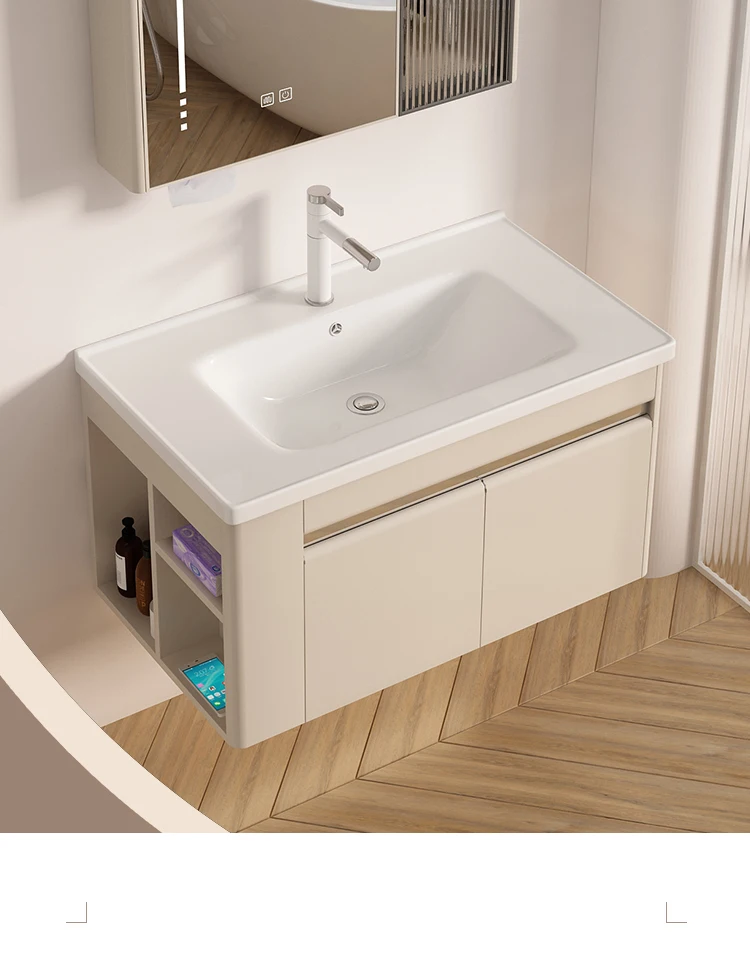 Cream style stainless steel bathroom cabinet combination side grid ceramic integrated basin for washing face, hand basin,