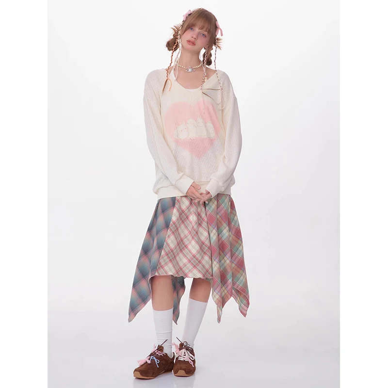 Y2K Plaid Midi Spódnica Kobiety Harajuku Vintage z paskiem Asymetryczne spódnice Letnie koreańskie wysokiej talii Slim A Line Faldas New