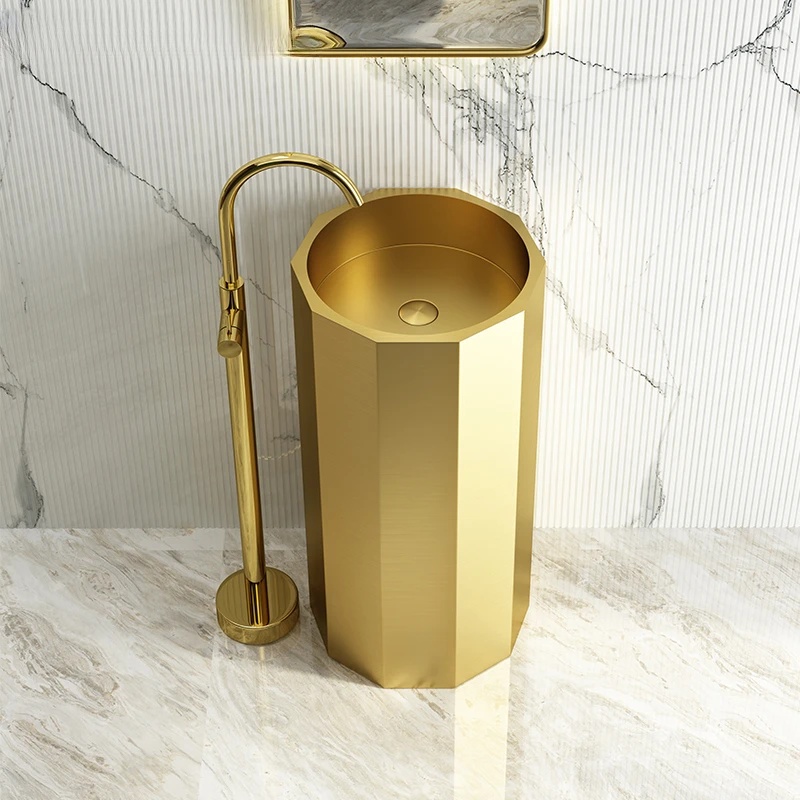 

Light Luxury Stainless Steel Gold Pillar Basin Vintage Bronze Pillar Type Wash Basin Balcony Floor Type Wash Basin