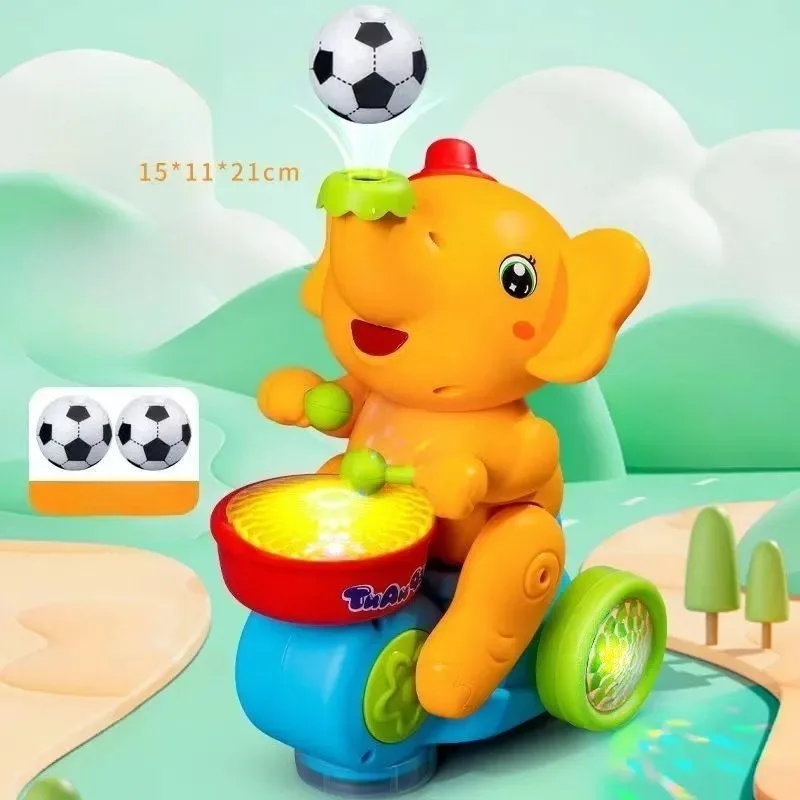 Giocattoli musicali per batteristi con elefante che cammina per bambini con musica leggera a LED Attività sensoriale Apprendimento Palla elettrica educativa