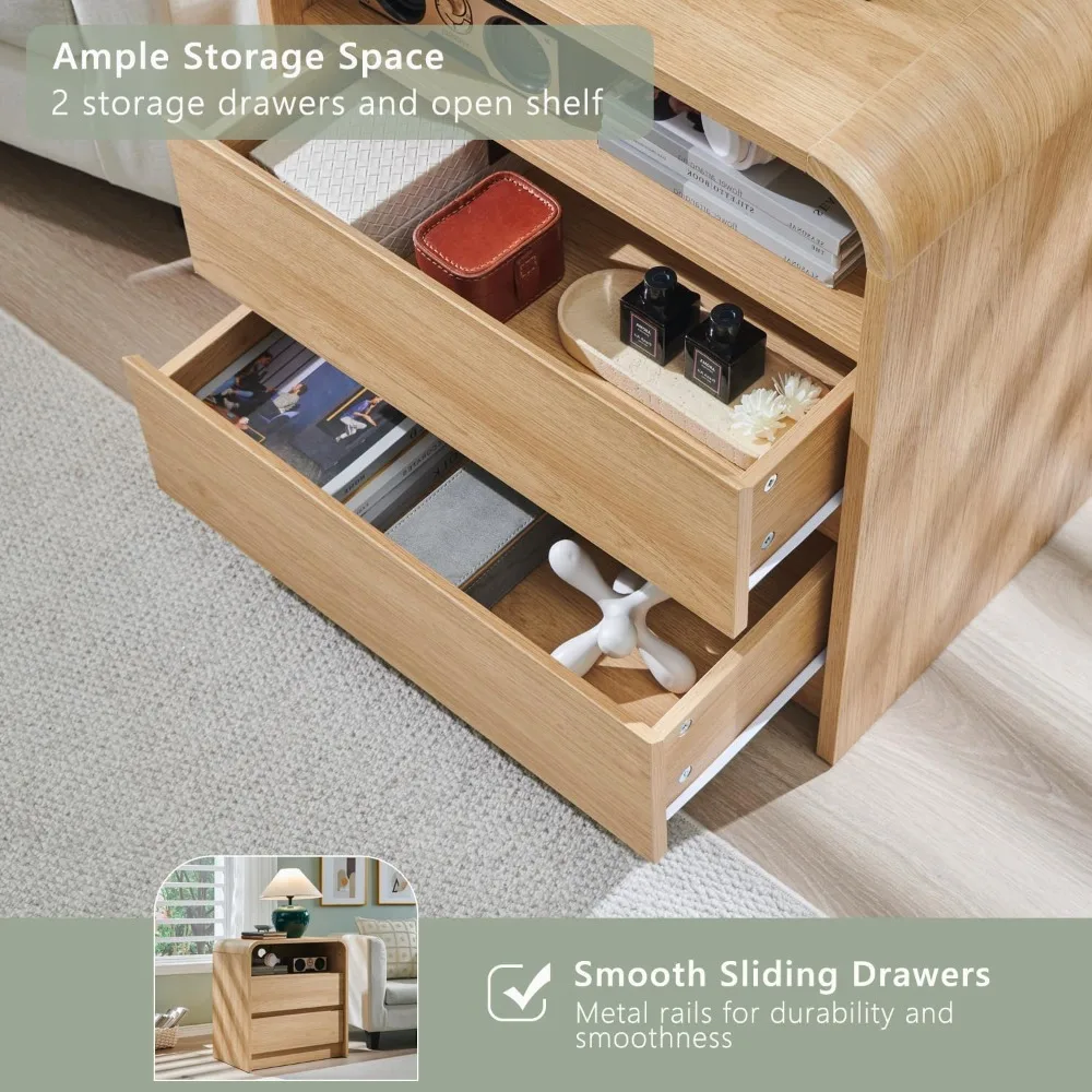 Tall Modern Nightstand with Charging Station, 23.6'' Wide Wood Bedside Table w/2 Storage Drawers, Large Mid Century End Table