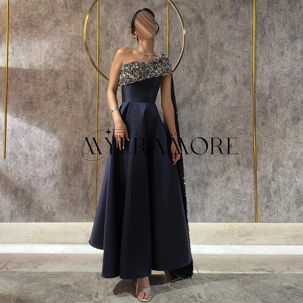 

Luxury One-Shoulder Evening Dresses Shiny Beaded Shawl Applique Ankle-Lenght Birthday Party Prom Gowns Customized