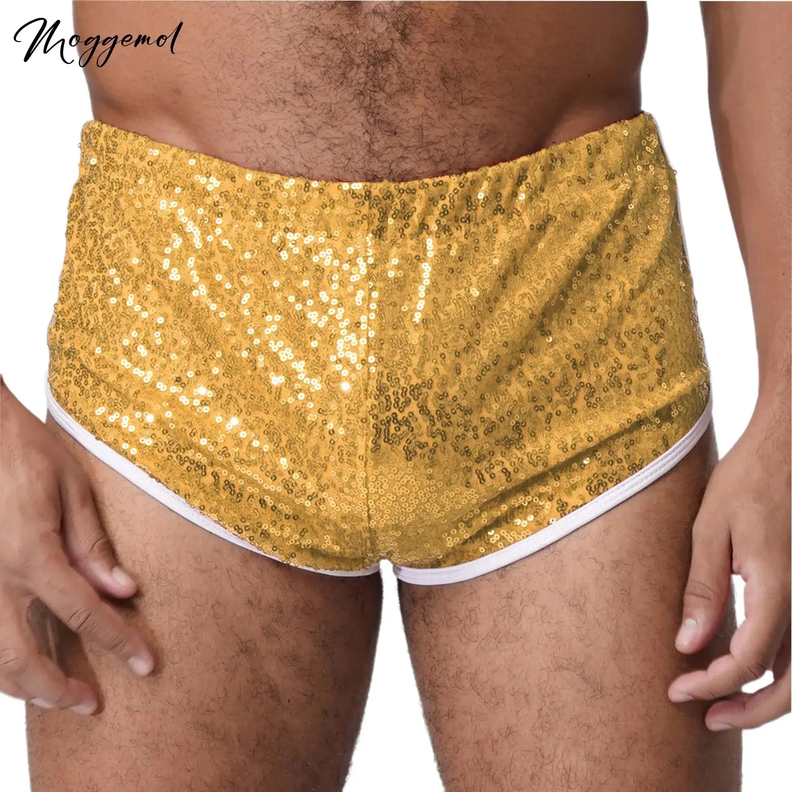 Mens Glittery Sequin Low Rise Shorts Elastic Waist Color Blocked Hemming Briefs Shorts Hot Pants for Club Beach Poolside Party