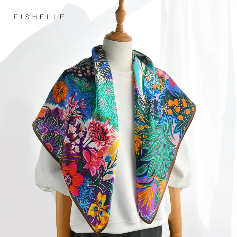 colorful 100% natural silk scarf women printed flower luxury real silk satin 90cm square hijab scarves ladies spring summer