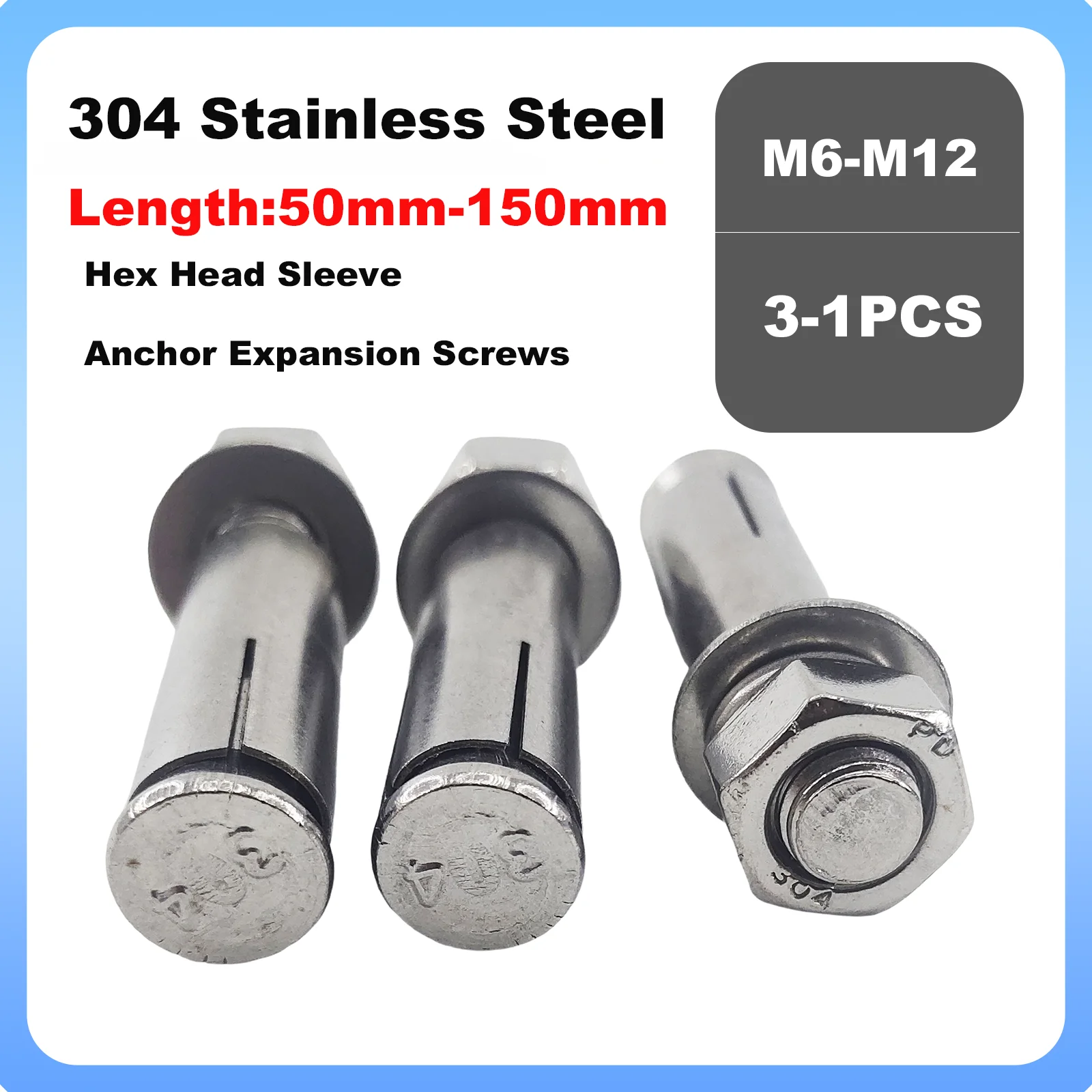 1-3Pcs M6-M12 304 Stainless Steel Hex Head Sleeve Anchor Expansion Screws 50-150mm Concrete Bolts Hook Bolt Set Home Improvement