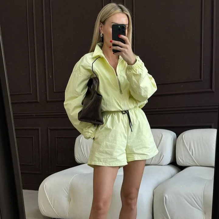 Women Summer Casual Striped Tracksuit 2 Piece Set Long Sleeve Zip Up Cardigan Tie Shorts
