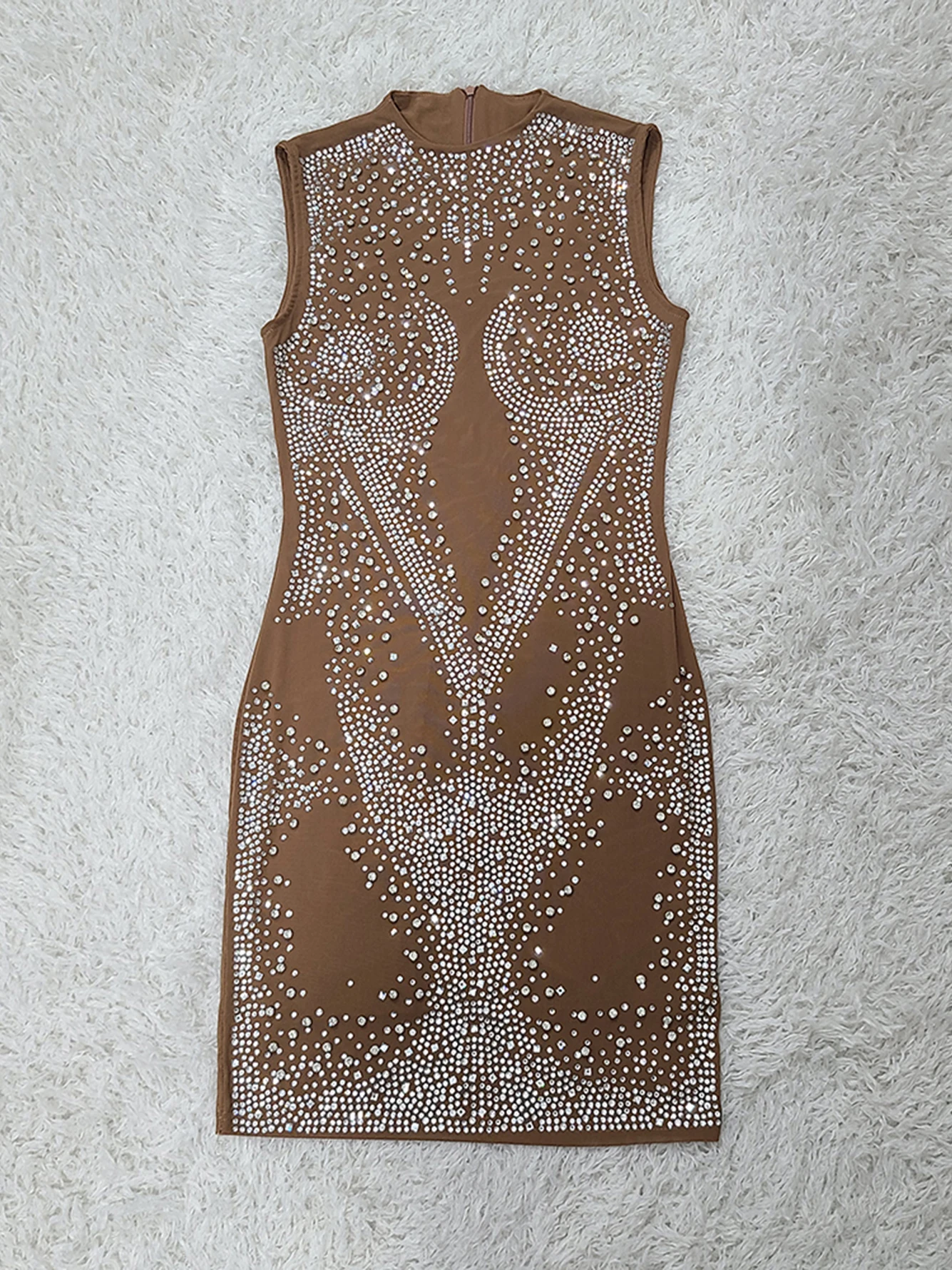 Mini robe à col rond pour femme, maille diamantée luxueuse, marron, sexy, élégante, robe de soirée, haute qualité, 2024