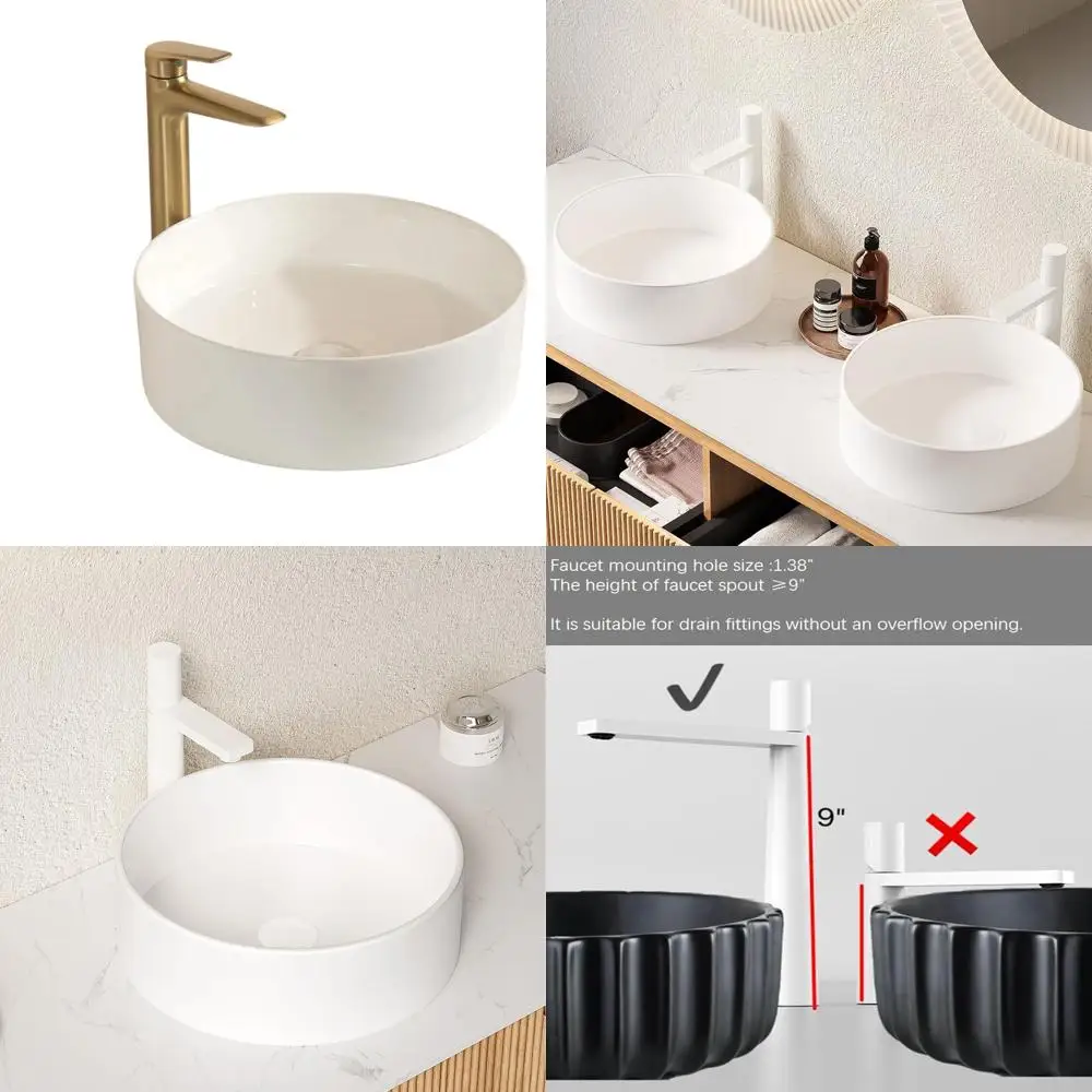 

Круглая белая фарфоровая раковина для ванной комнаты, устанавливаемая на столешницу, 14.17 x 4.72 дюйма