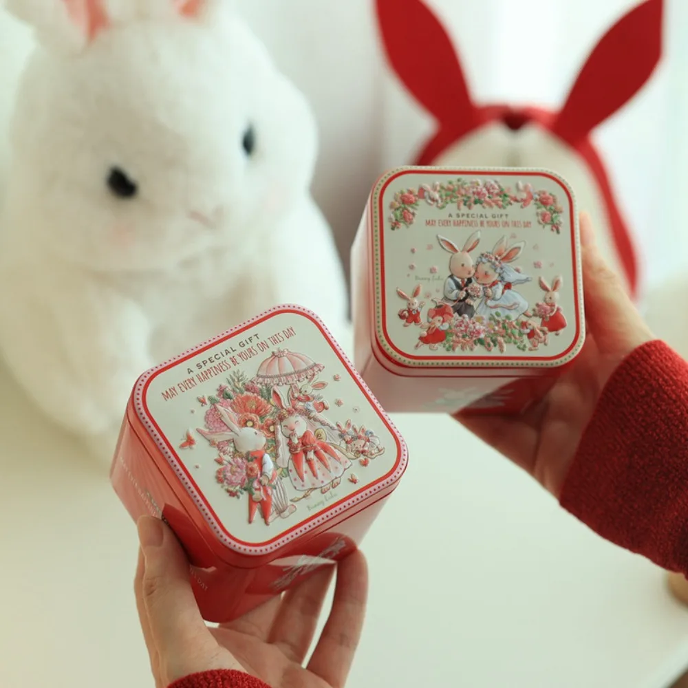 Square Easter Candy Box Tinplate Embossment Easter Bunny Printing Tin Cartoon Bunny Pattern Easter Gift Tins Wedding Gift