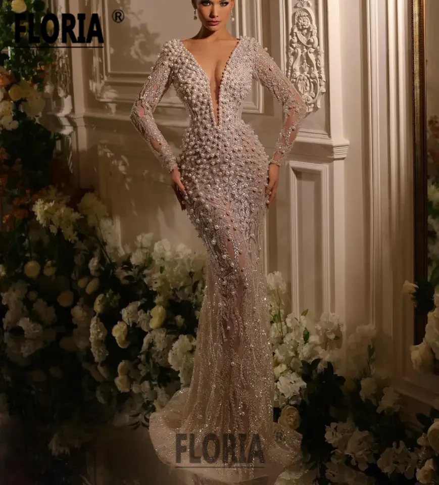 Elegant Major Pearl Mermaid Formal Evening Dress Beaded Lace Sexy V Neck Long Sleeve Prom Dress 2023 Wedding Party robe soirée