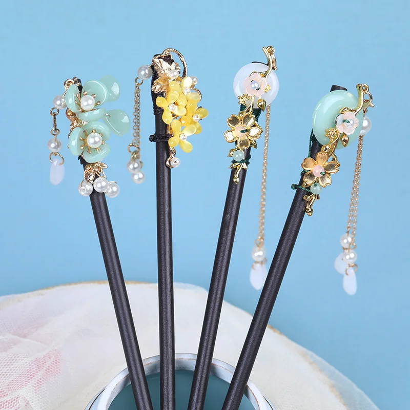 

Glaze Flower Wooden Hairpins With Tassel Ancient Costume Hanfu Hairwear Boho Ethnic Hair Disk Handmade Buyao Hairpins Women