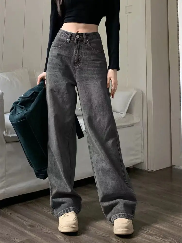 هوتشو خمر الجينز الجرونج Y2k 90s مستقيم واسعة الساق سراويل جينز عالية الخصر الإناث غسلها فضفاض الدنيم السراويل الشارع الشهير