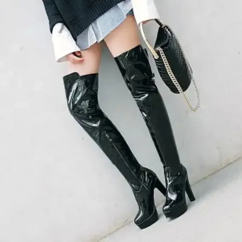 Women Platform Over The Knee Boots Sexy 12CM Super High Heels Red Patent Leather Long Boots Woman 2025 Winter Black Shoes