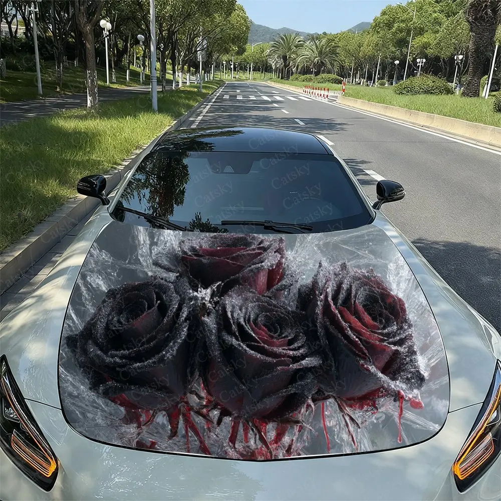 

Frozen Bloody Black Rose Car Vinyl Wrap, PVC Waterproof Car Hood Sticker, Self-Adhesive Scratch-Resistant Stickers