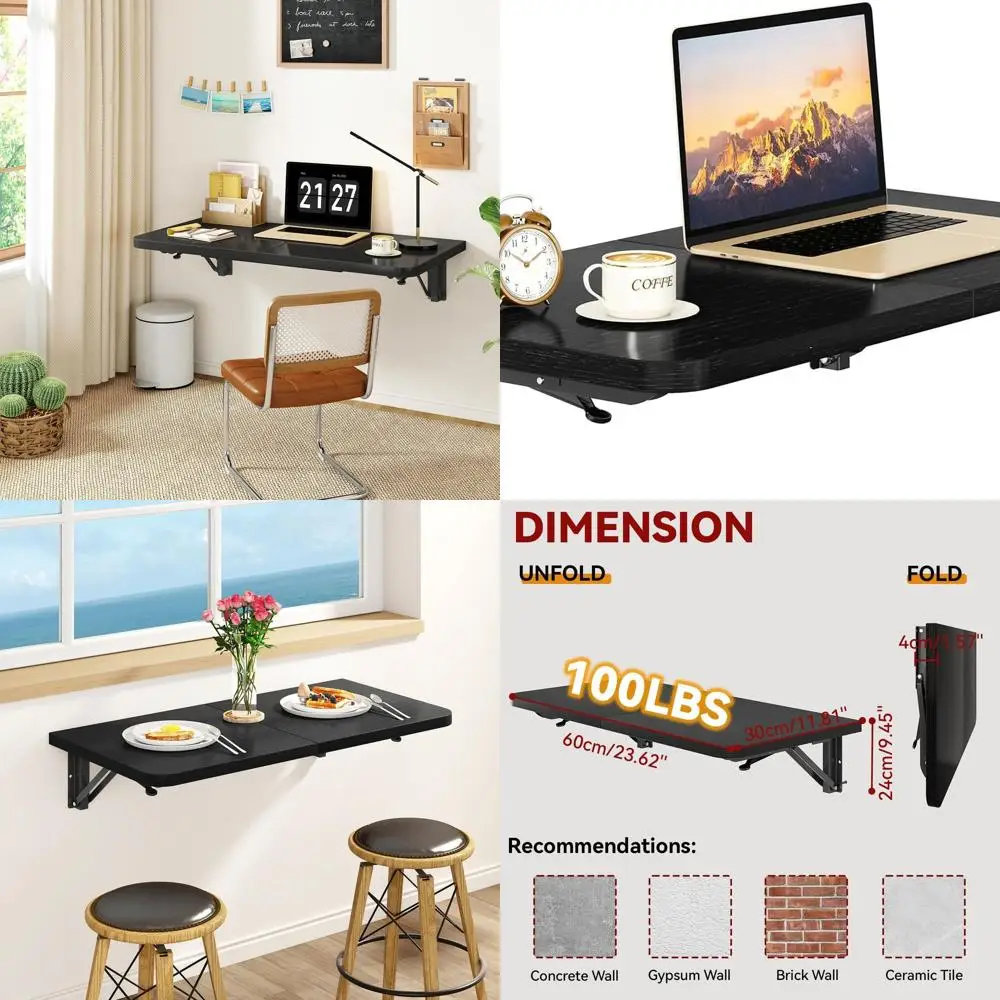 

Space-Saving Wall-Mounted Folding Table with Heavy-Duty Brackets for Home Office, Bar, Kitchen, and Dining - Black UTVT005B