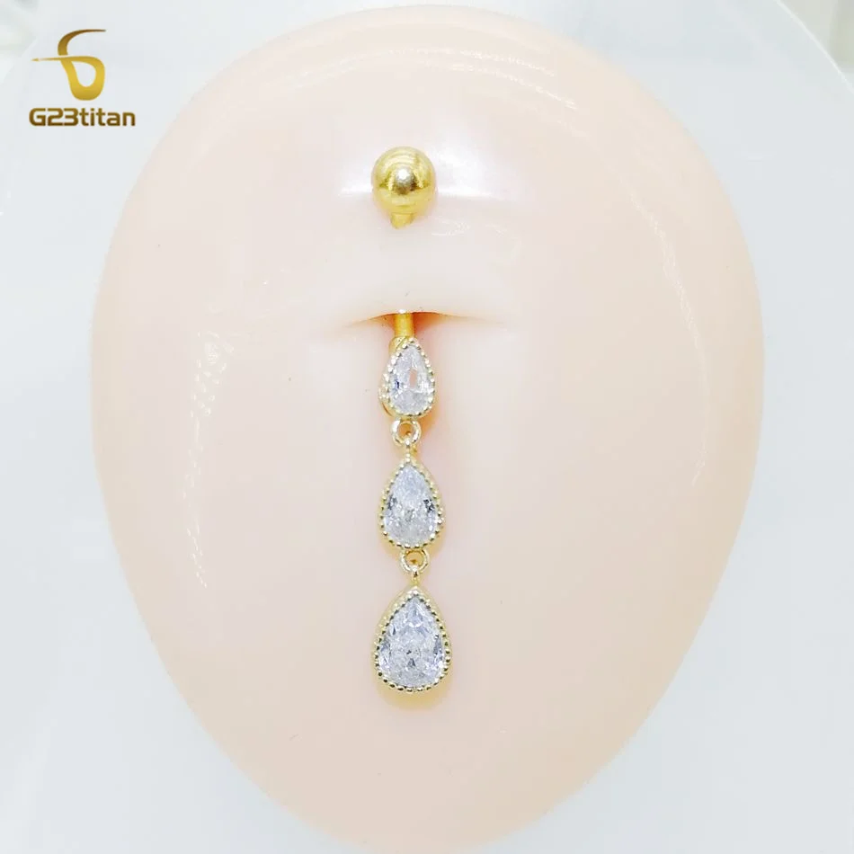 G23Titan Long Water Drop Navel Ring CZ Zircon Dangle Belly Button Piercing Jewelry 14G Titanium Curved Barbell Pircing Nombril