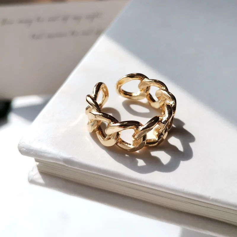 SALONGFANG  Chain Ring Simple Hollowed Out Fashion Niche Opening Texture Finger Hollow Chain Geometric Party Jewelry Gifts