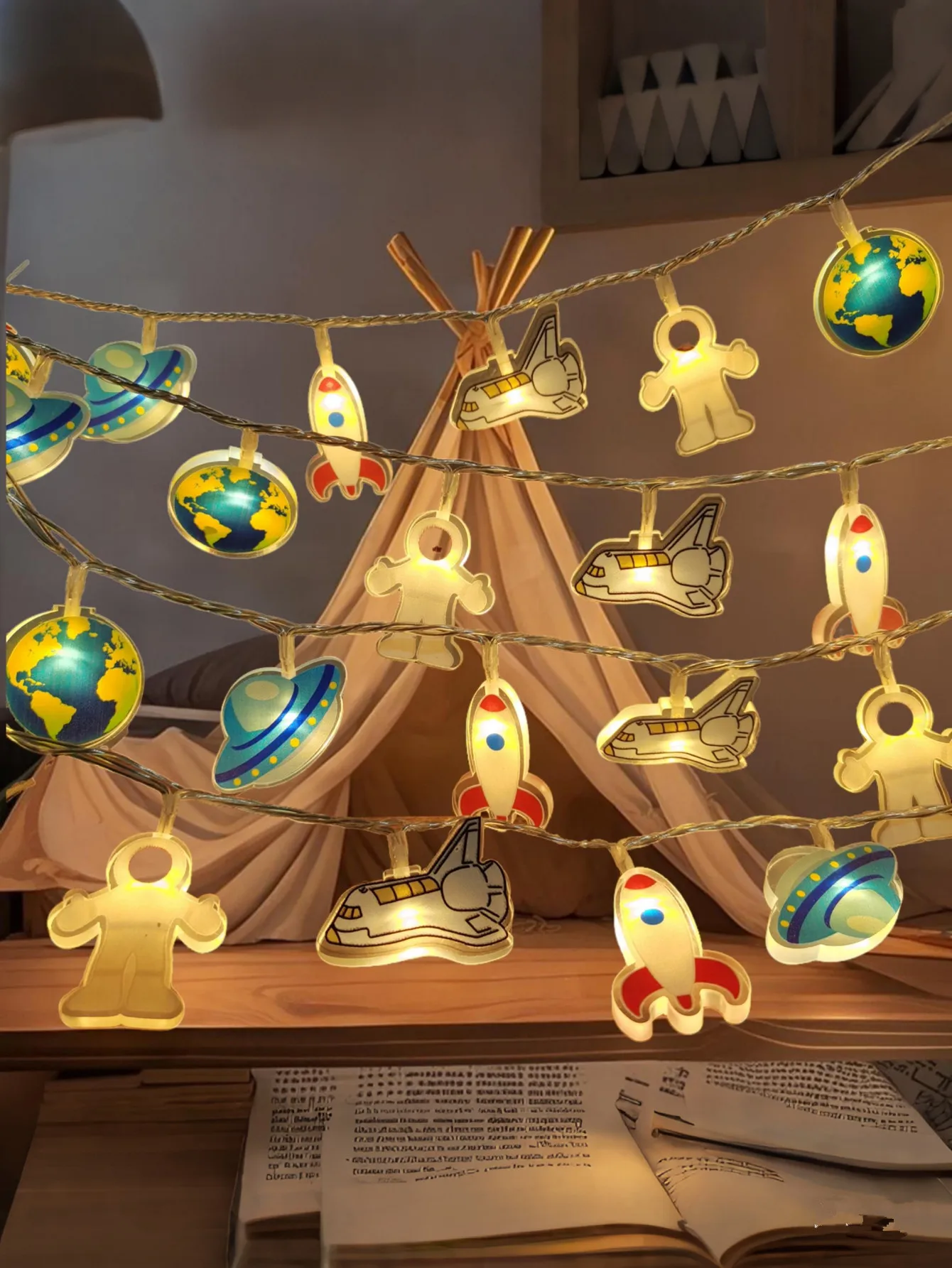 Outer Space LED Fairy String Lights Astronaut Rocket Planet UFO Shaped Lights Kids Bedroom Birthday Party Decorations