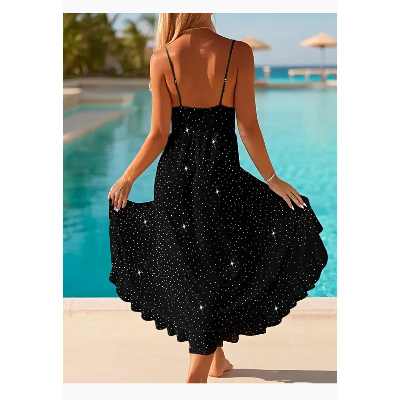 Women's Nightgowns Sexy Backless Mesh V-neck High-slit Shining Rhinestone 2025 Summer Ruffles Breathable Homewear Pajama 797