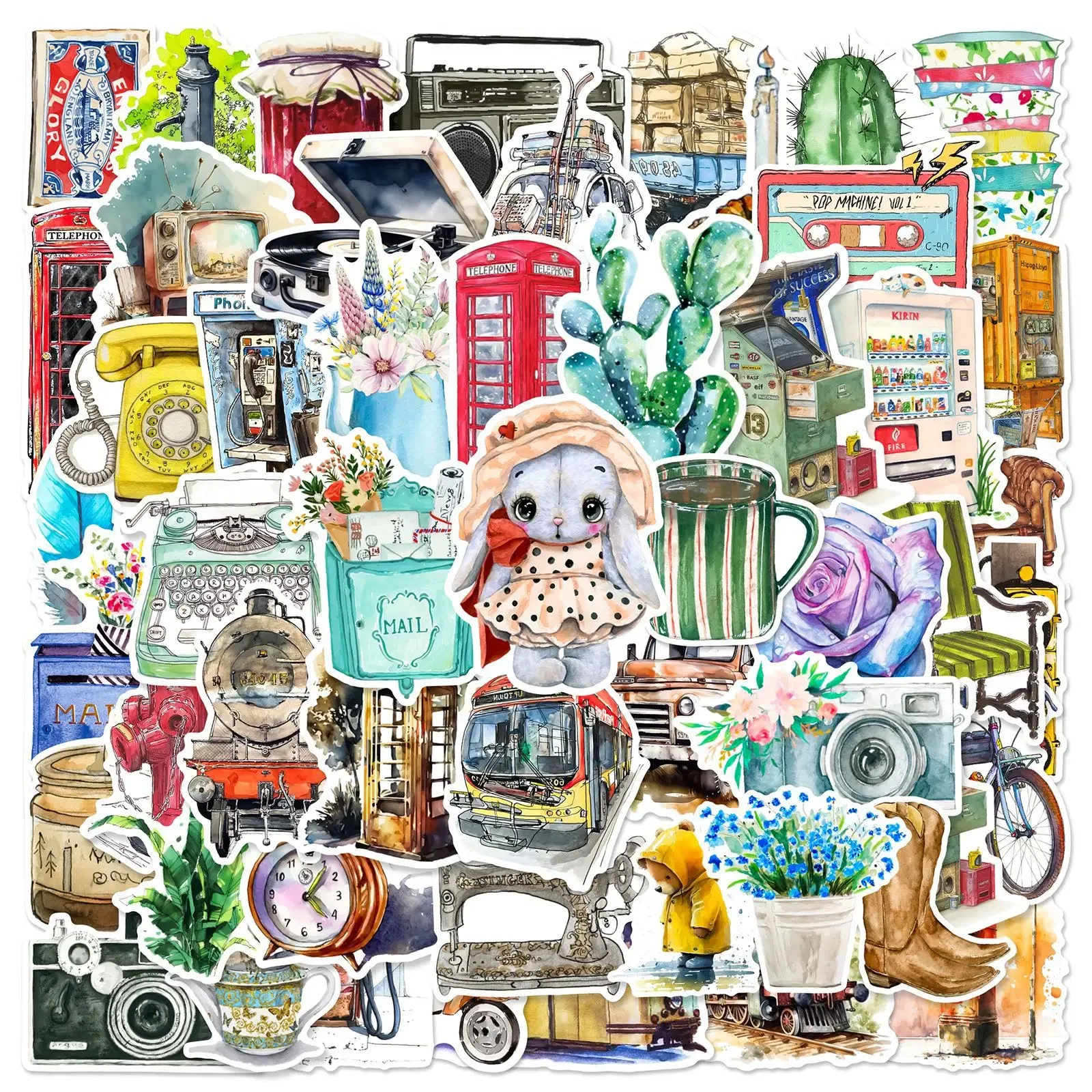 50pcs Watercolor Retro Old Objects Luggage Guitar Helmet Mobile Phone Case Notebook Waterproof Sticker