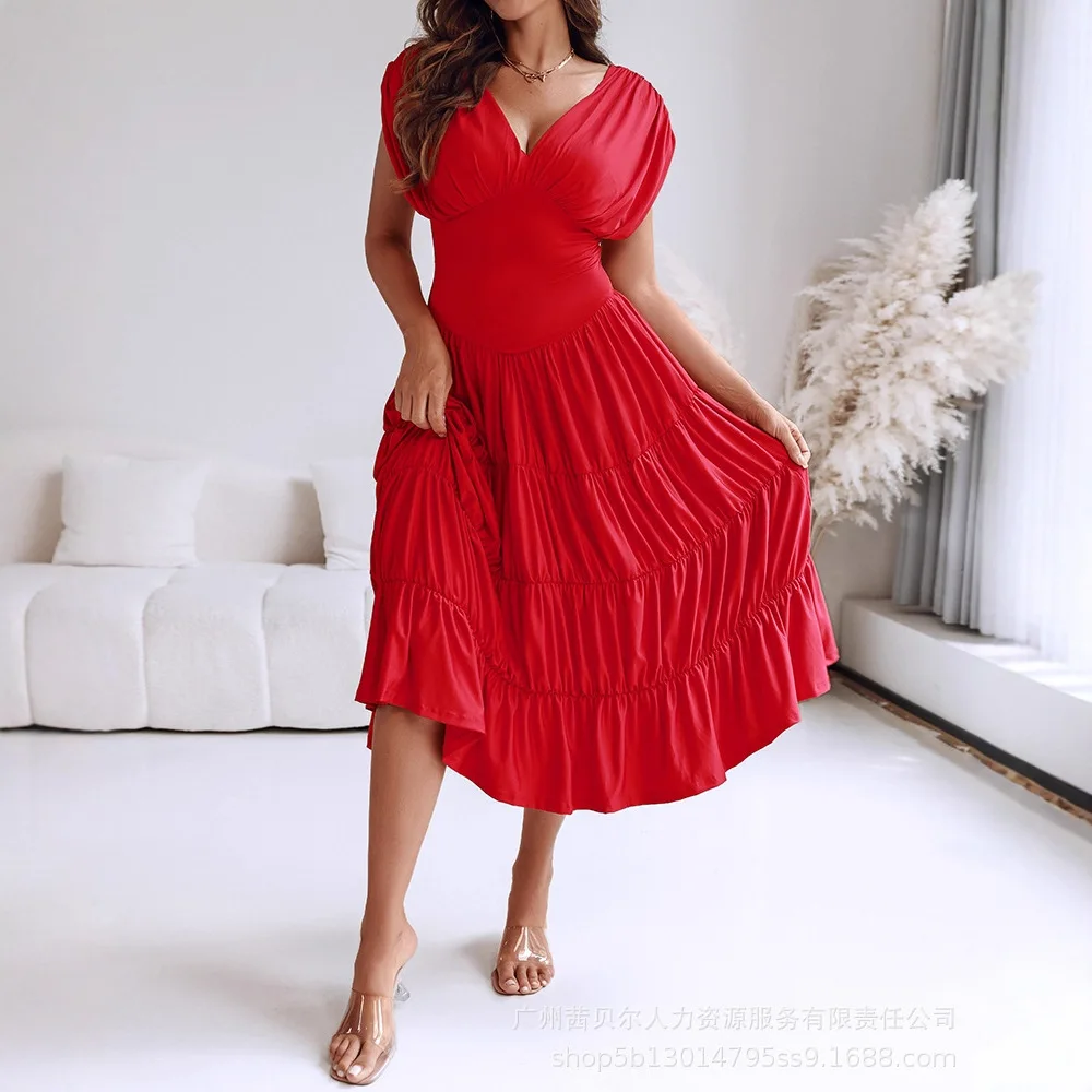 Women Long Loose Maxi Textured V Neck Sleeveless Ruched Ruffles Hem Dress Casual Waist A Line Party Midi Dress