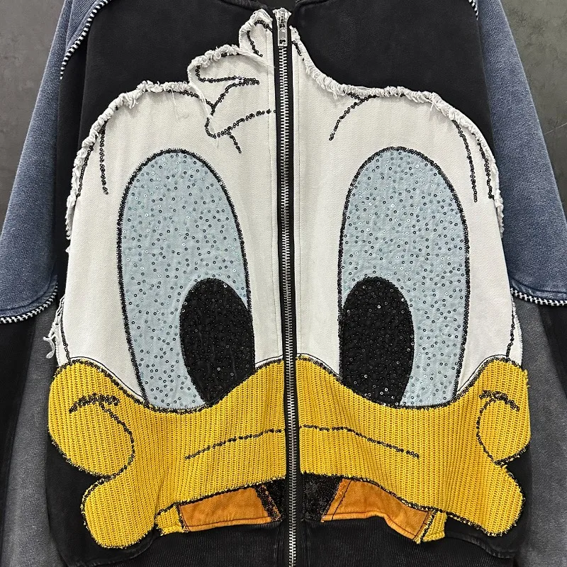 2025 Autumn Heavy Industry New Cartoon Color Block Cardigan Sweatshirts Jacket For Women's Loose Casual Fashion Top Hoodies Coat