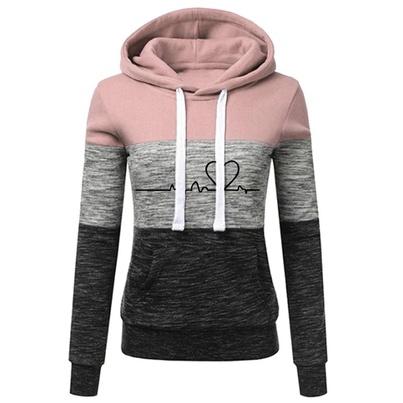 New Women's Fashion Shirt Long Sleeve Wool Pullover Sweatshirt Tricolor Splice Stripe Hoodie Top
