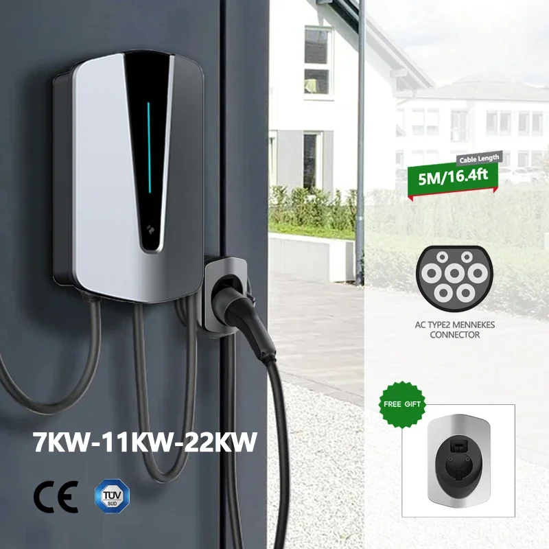 FITMPH 22kW Wall-Mount EV Charging Station for Type 2 Vehicles, IEC 62196-2 Connector, 32A with LED Indicator