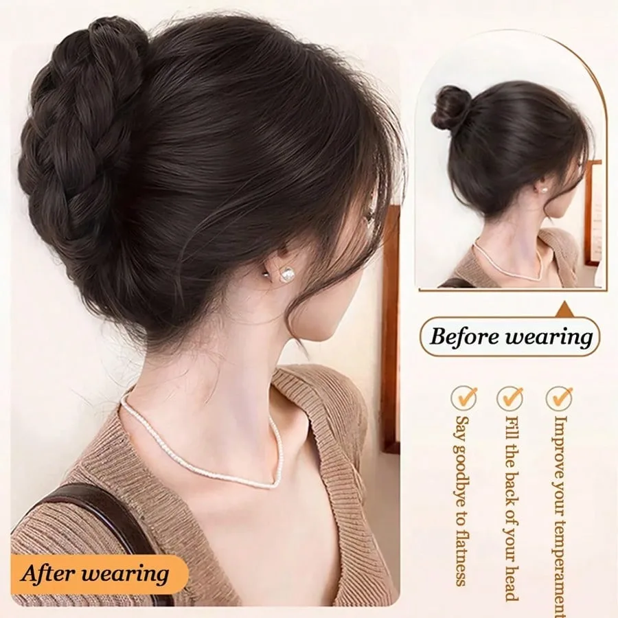 Elegant Synthetic Braided Chignon Hair With Claw Clip Fluffy Ponytail Hair Extensions Messy Curly Bun Hair For Women Daily Wear