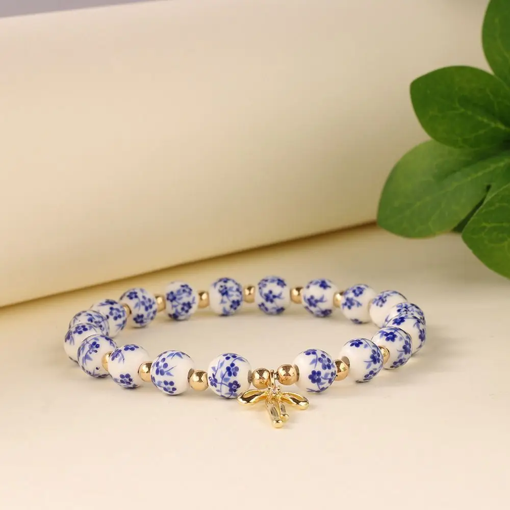 New Chinese Style Blue and White Porcelain Bracelet Bow Colorful Elastic Beads Bracelets Cross Pendant Silver Women Bangle