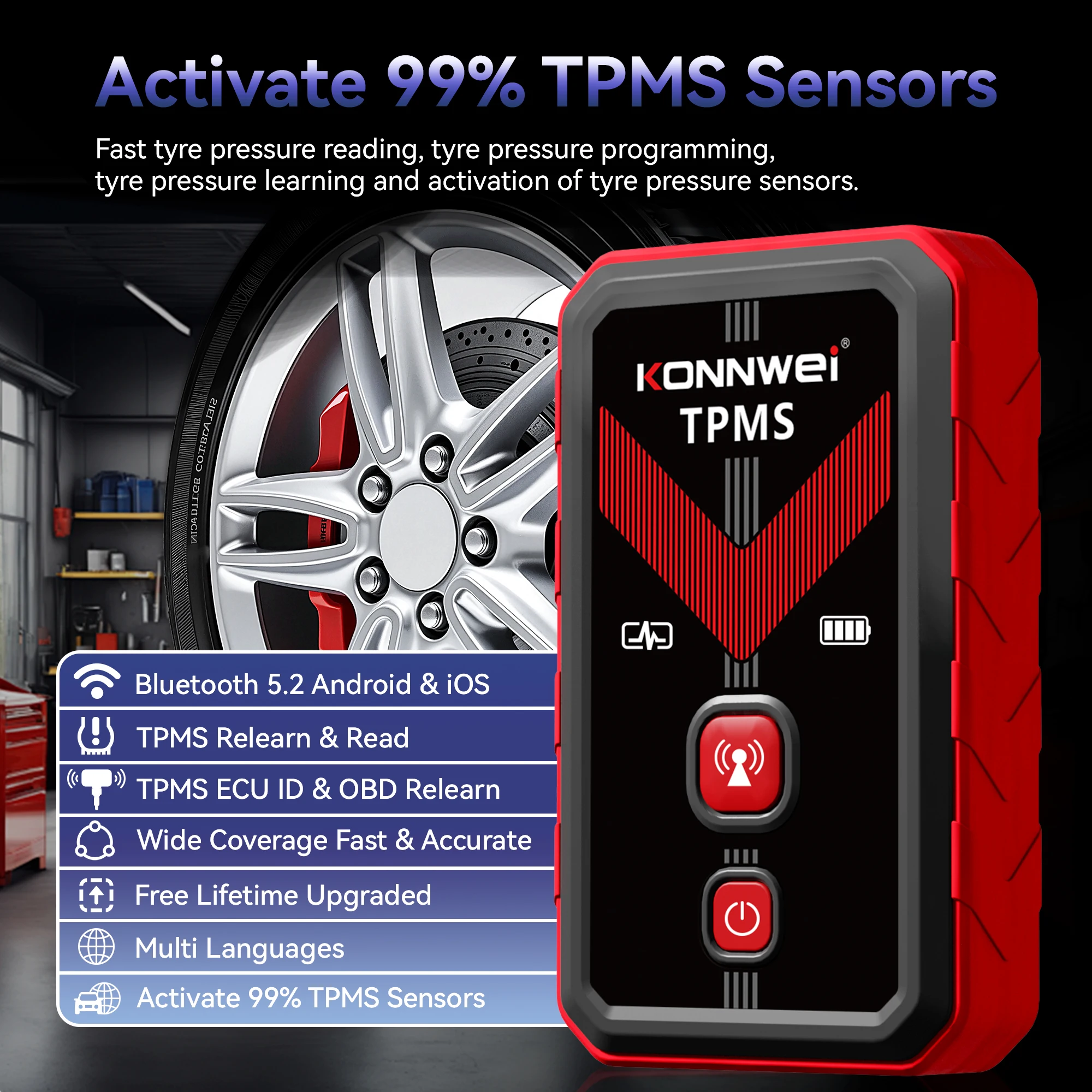 2026 KONNWEI TK100 Car Programable TPMS Sensors OBD Relearn Tool 433MHz315MHz Programing CELL PHONE Tire Pressure Monitor System view 5