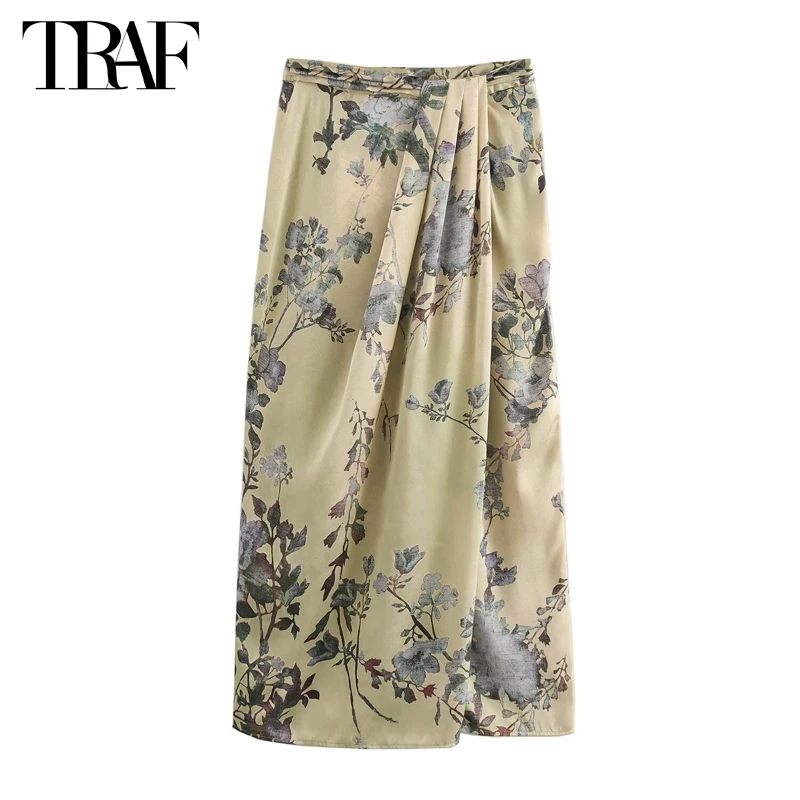 TRAF Print Pleated Long Skirts for Woman High Waist Midi Skirt Women 2024 Summer Beach Women\'s Skirt Satin Holiday Women Skirt