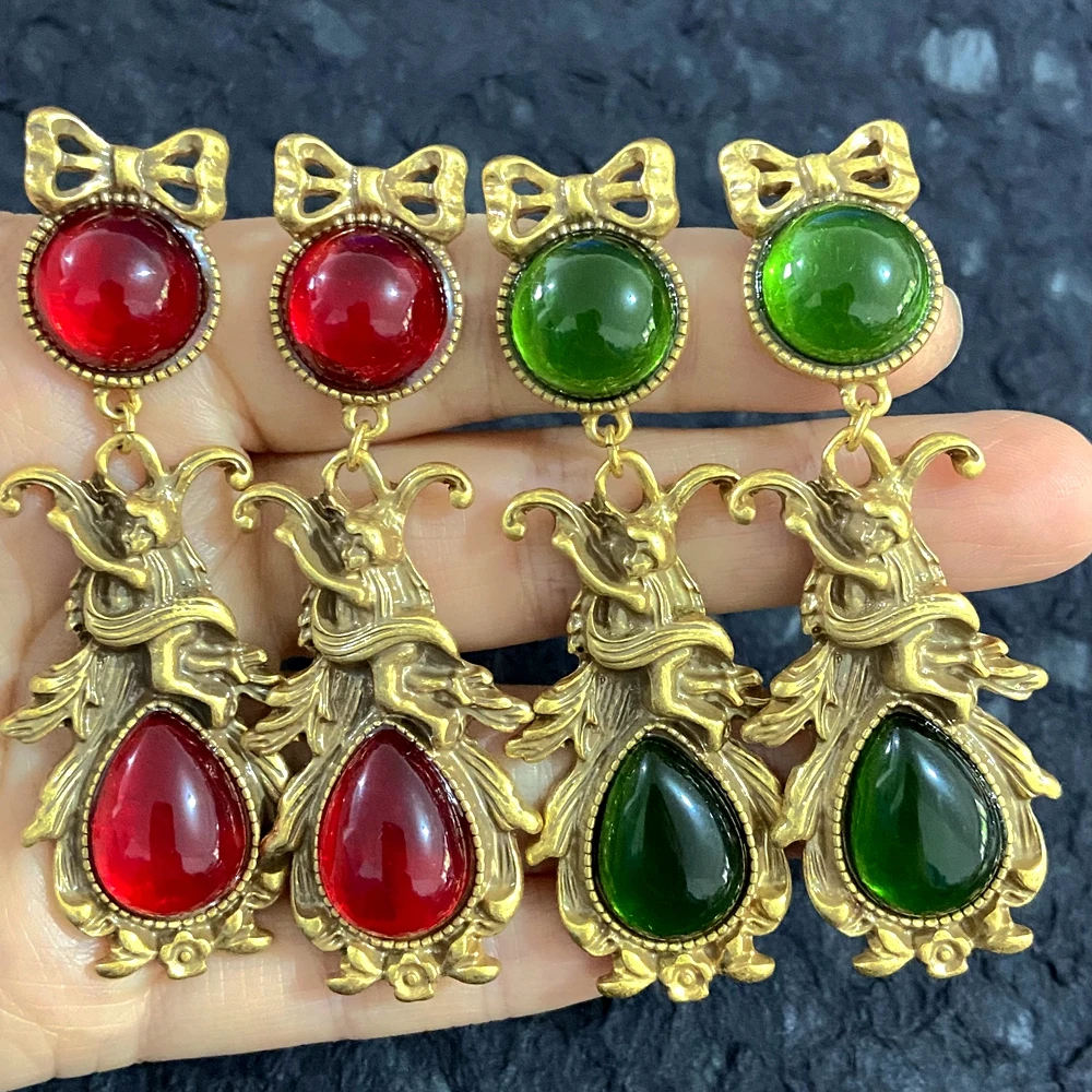 

Antique jewelry, vintage style earrings, red green glazed bow earrings, retro alloy plated gold earrings