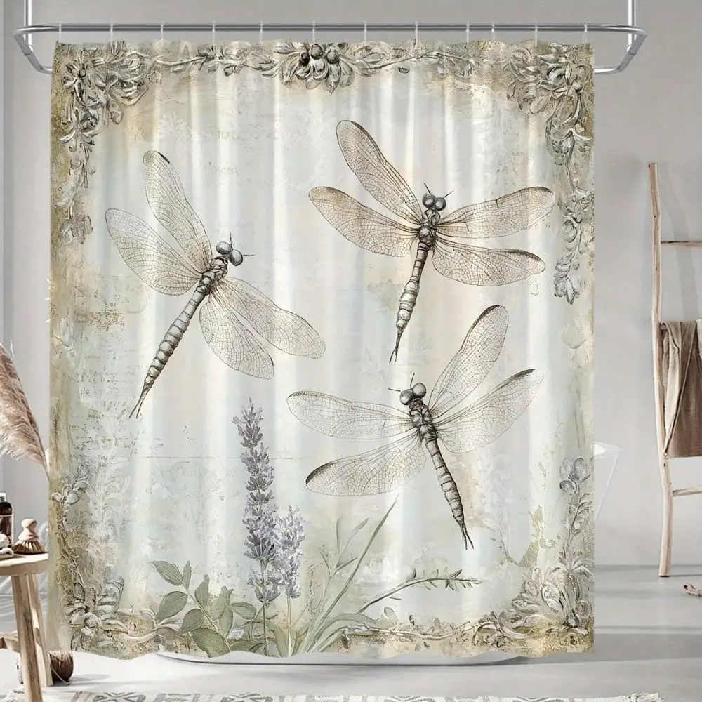 

1/4pc Retro Dragonfly and Lavender Pattern Shower Curtain, Fabric Material, Machine Washable, Stylish Theme