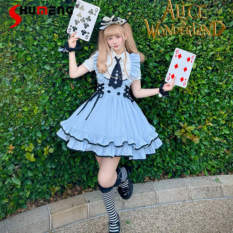 

Sweet Vintage Preppy Style Kawaii Lolita Sets Polo Neck Puff Sleeves Short Shirts Lace-up Slim Strap Dress Two-piece Sets Women