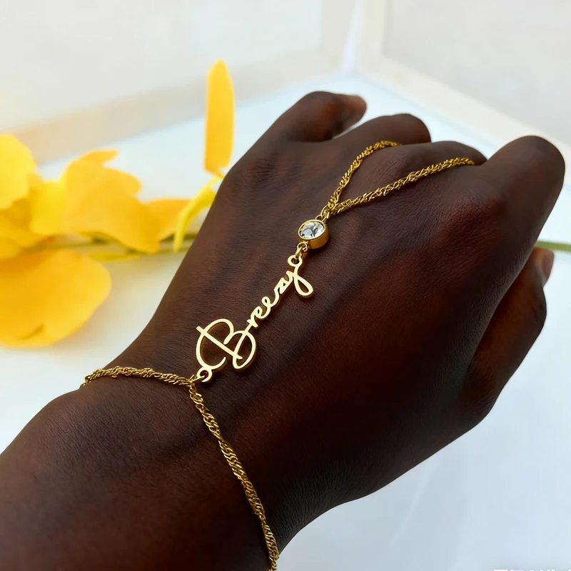 Customized Name Bracelet with Birthstone for Women Stainless Steel Personalized Finger Hand Chain Bracelet Birthday Jewelry Gift