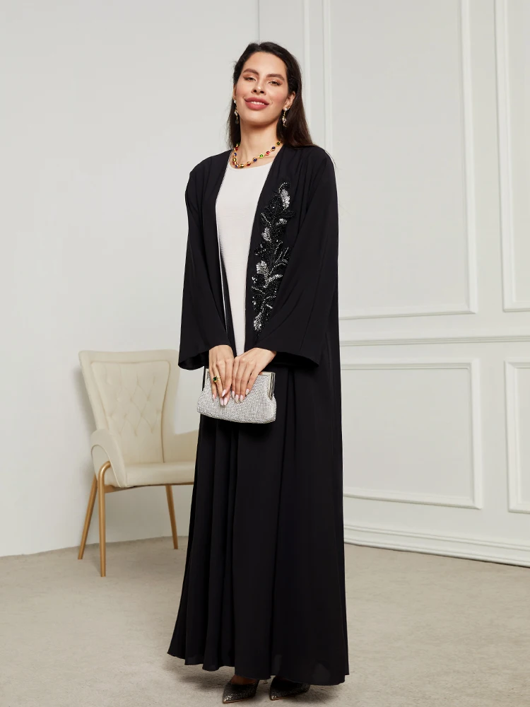 Fashion Flowers Embroidery Open Abaya For Women Muslim Ramadan Eid Bangladesh Ethnic Kimono Abaya Kuwaiti Moroccan Women Robe