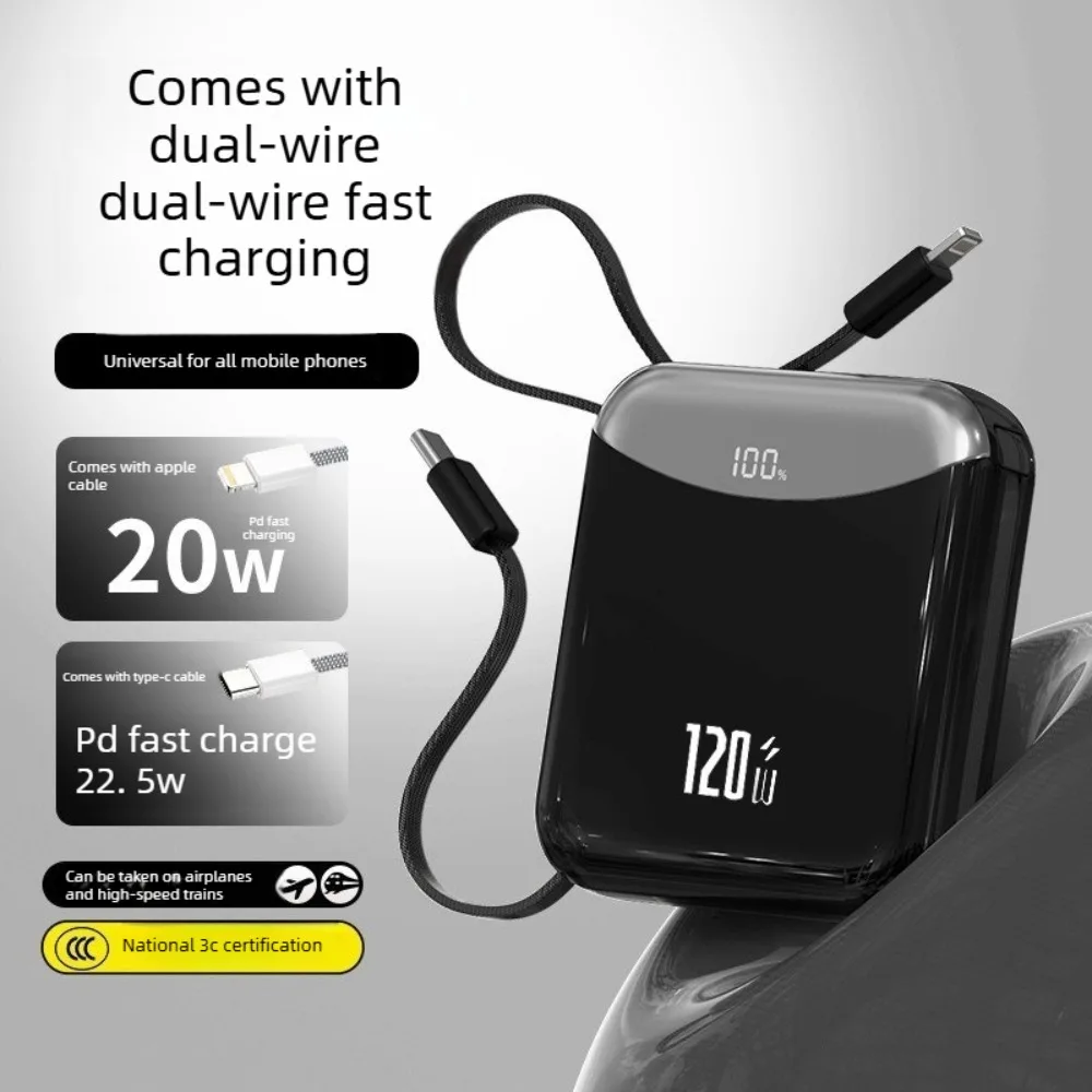 3C Certified Power Bank 20000mAh Fast Charging Built-in Cable Mini Portable Charger for iPhone Samsung Huawei Xiaomi