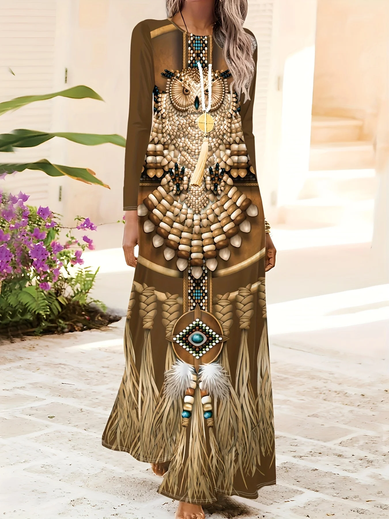 Urlaubsstil Langarm-Maxikleid mit Tribal-Print Feder-Verzierung Rundhals Boho-Chic Sommerkleid für Damen