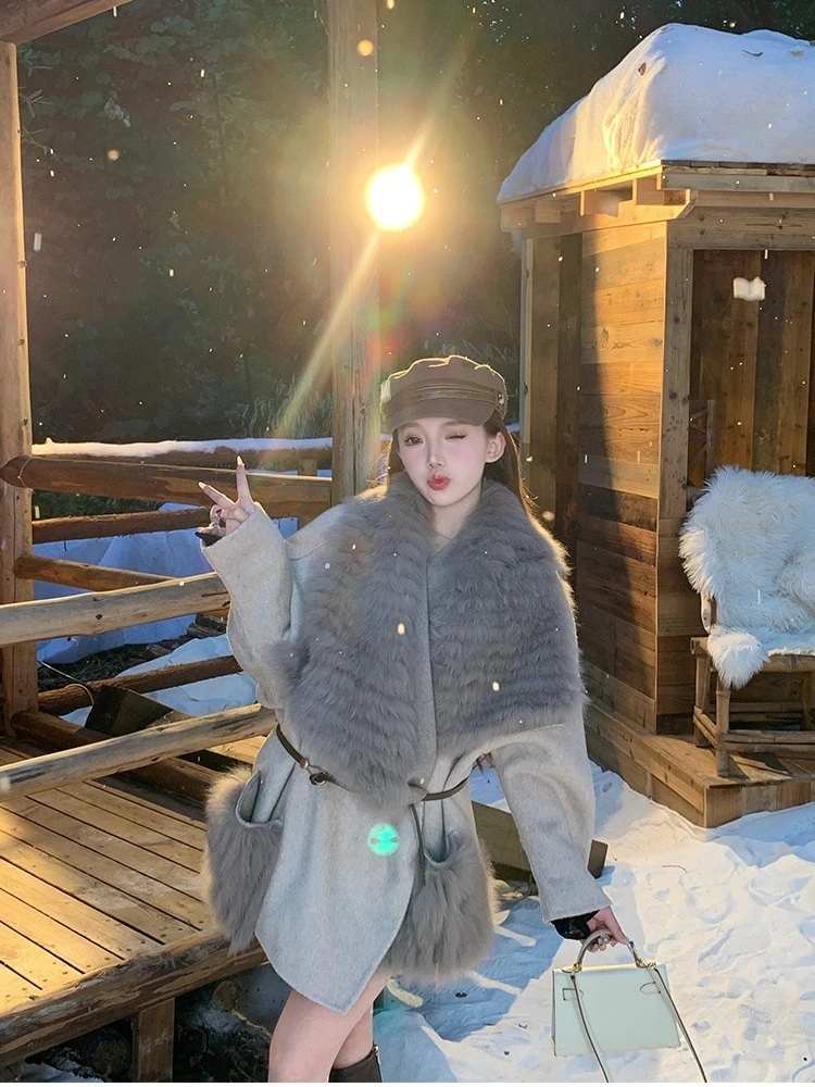 2023 neue Weibliche Warme Kaschmir Woolen Mantel Mode Lose Winter Kleidung Frauen Heiße Verkäufe Große Echt Fox Pelz Kragen Wolle jacker